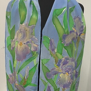 Iris Silk Scarf, 2 Irises on Each End, Purple and Blue Tones with Light Blue Background. Hand-painted with colorfast on 100% silk, 12&quot; x 60&quot;