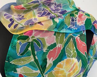 Cachecol de seda com flores, pintado à mão em chiffon 100% seda, 30 cm x 152 cm