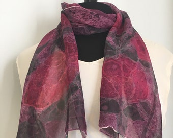 Red Rose Silk Chiffon Scarf in Pink Background, 8" x 54"