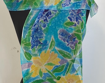 Cachecol de seda com flores, chiffon de seda, fundo azul turquesa, 30 cm x 152 cm