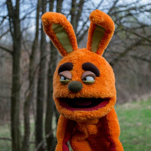 Angry crazy Orange Rabbit Professional Hand Puppet , OOAK Therapy Prop