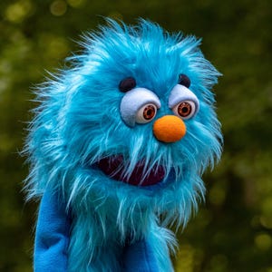 May include: A blue hand puppet with long, shaggy faux fur, two large white eyes with orange irises, small black eyebrows, and a round orange nose. The puppet has a wide, open mouth with a dark interior, and the body is made of blue fabric.