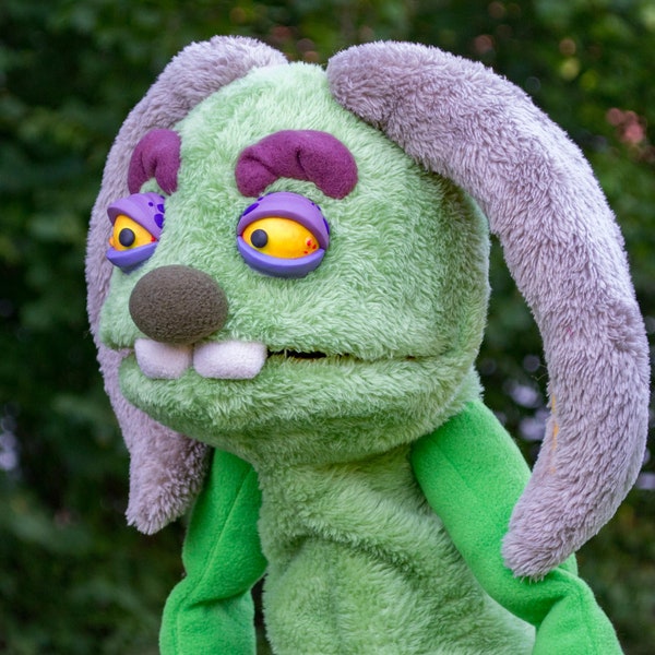 Zombie crazy green Rabbit Monster Professional Hand Puppet , OOAK Therapy Prop