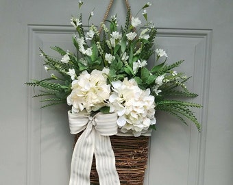 Basket Wreath for Front Door, Creamy Vanilla Hydrangea Flower Basket, Summer Wreath, Spring Wreath, Basket Door Hanger- Missy Rene' bouquets