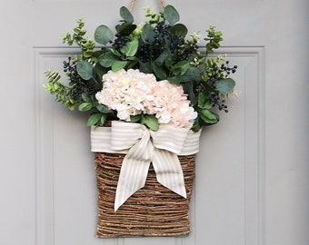 Soft Blush Hydrangeas with Cream & Gray Ribbon Flower Basket , Front Door Décor, Summer Spring Wreath, Basket Hanger by Missy Rene' bouquets