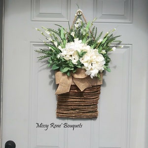 Basket Wreath for Front Door, Creamy Vanilla Hydrangea Flower Basket, Summer Wreath, Basket Door Hanger by Missy Rene' bouquets