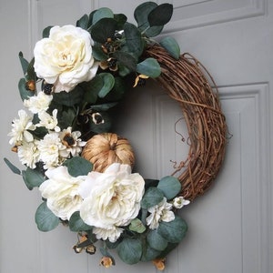 Pumpkin, Cream Garden Roses, & Blackberries Fall Wreath  Front Door Decor  Wall Decor  Autumn Grapevine Wreath  by Missy Rene&#39; Bouquets