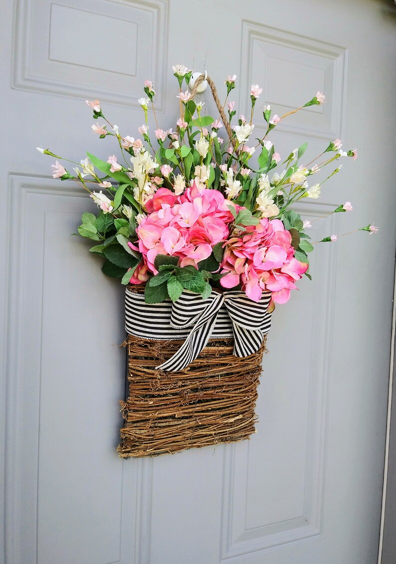Basket Wreath for Front Door Pink Hydrangea Flower Basket Etsy