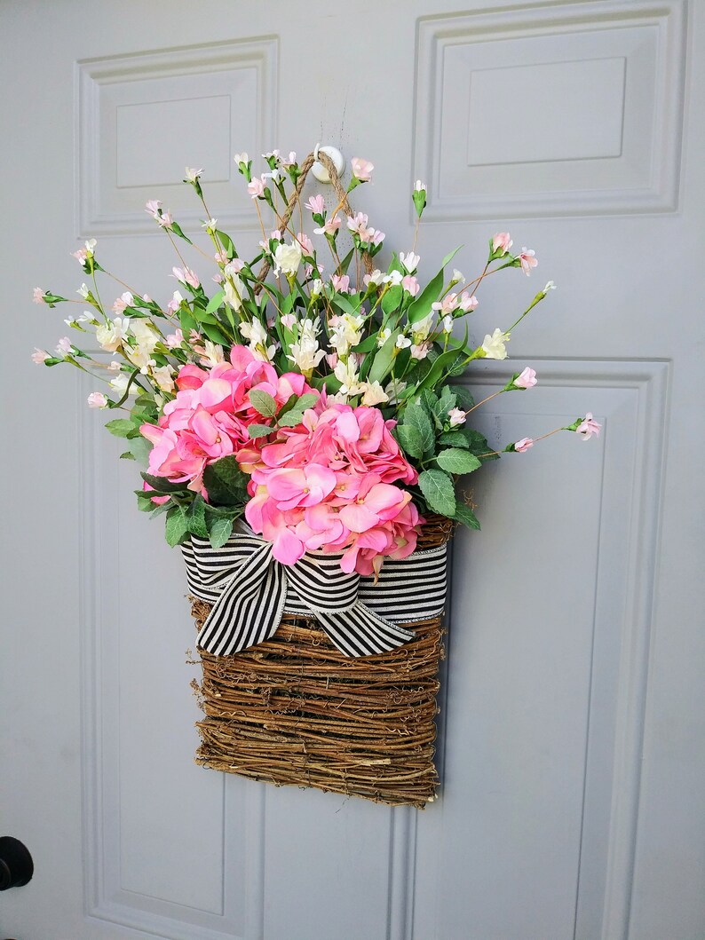 Basket Wreath for Front Door Pink Hydrangea Flower Basket Etsy