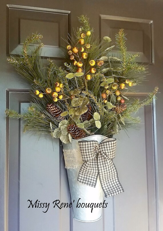 Fall Wreath For Front Door Fall Bucket Hanger Buffalo Check Etsy