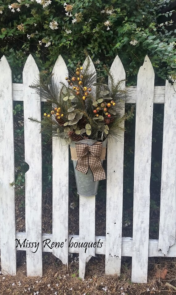 Fall Wreath For Front Door Fall Bucket Hanger Buffalo Check Etsy