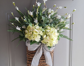 Green Hydrangea Flower Basket, Spring & Summer Wreath, Basket Door Hanger by Missy Rene' bouquets