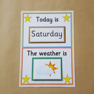 May include: A children's weather chart with the words "Today is Saturday" and "The weather is", featuring a sun and cloud illustration. The poster has a white background with colourful borders and star accents.