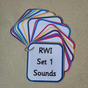 May include: A set of flashcards on a metal ring, with the text "RWI Set 1 Sounds." The cards have a white background with colourful borders in various colours, including blue, green, yellow, and pink. The cards are arranged in a fan shape.