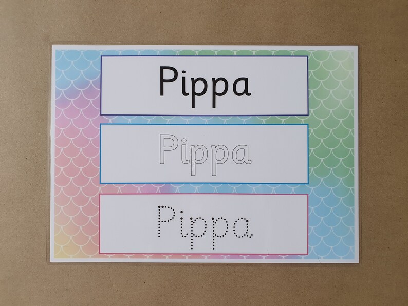 May include: A learning aid featuring the name "Pippa" in three different styles. The top section displays the name in a bold, black font. The middle section shows the name as an outline, and the bottom section presents the name as dotted lines for tracing. The background has a mermaid scale pattern.