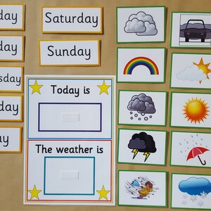 May include: Educational weather and calendar set featuring cards for days of the week, weather conditions, and a "Today is" and "The weather is" display. Includes illustrations of clouds, sun, rain, and a rainbow.