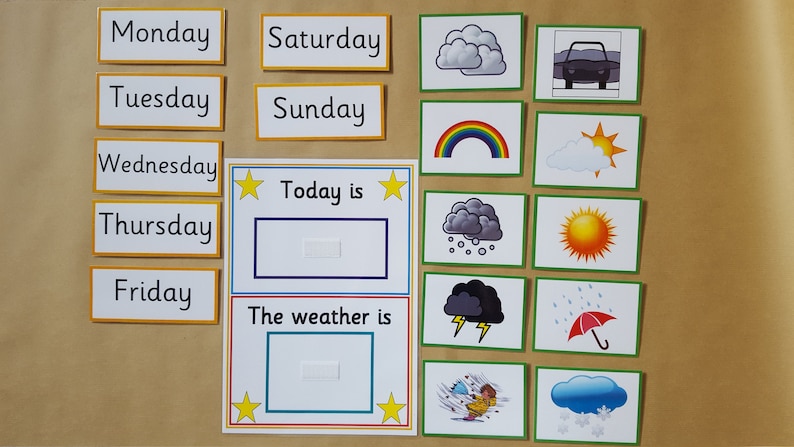 May include: Educational weather and calendar set featuring cards for days of the week, weather conditions, and a "Today is" and "The weather is" display. Includes illustrations of clouds, sun, rain, and a rainbow.
