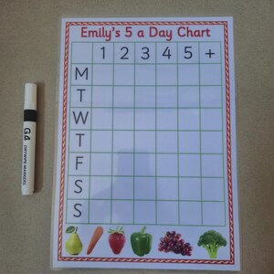 May include: A laminated Emily's 5 a Day Chart with a grid for tracking daily fruit and vegetable intake, featuring days of the week labeled M through S and numbers 1 through 5 plus a plus sign. A white dry-erase marker is positioned to the left.