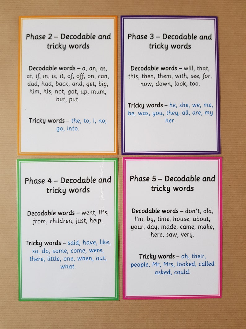 May include: Four flashcards with text for educational use. Each card has a different colored border: orange, purple, green, and pink. The cards display "Decodable and tricky words" with lists of words for phases 2, 3, 4, and 5.