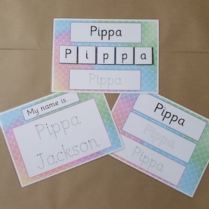 May include: Educational name learning cards featuring the name "Pippa". The cards have a colorful mermaid scale design. One card has the name spelled out with individual letters. Other cards have the name written in a traceable font.