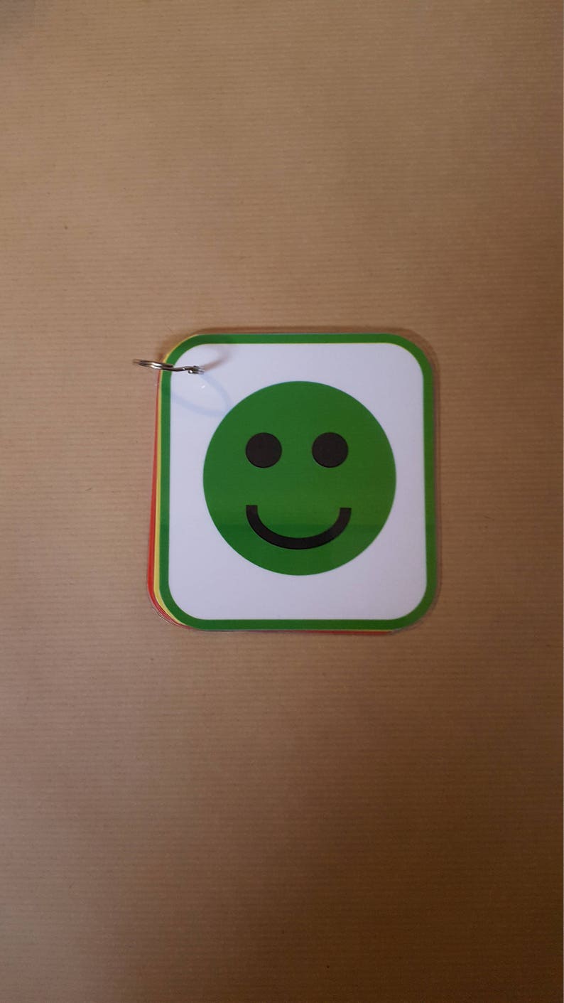 May include: A small stack of cards with a green smiley face on the front. The smiley face has two black eyes and a curved black mouth. The cards are held together by a metal ring.