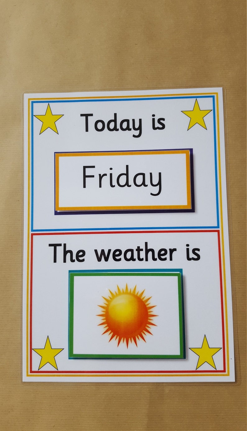 May include: A laminated educational poster with the text "Today is Friday" and "The weather is" with a sun illustration. The poster has a white background with colorful borders and yellow star accents.