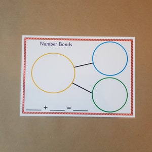 May include: A white educational card with the text "Number Bonds" and a diagram of circles and lines for math practice. The card has a red and white border and includes spaces for addition problems.