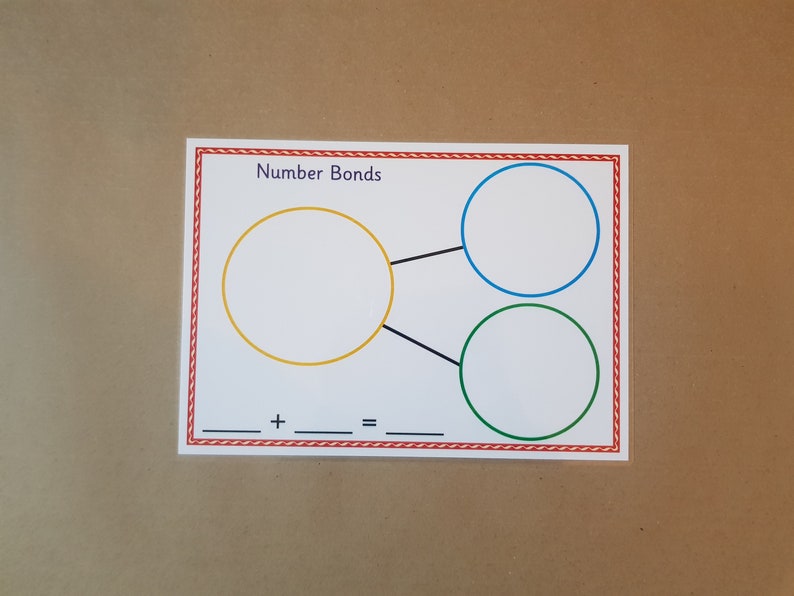 May include: A white educational card with the text "Number Bonds" and a diagram of circles and lines for math practice. The card has a red and white border and includes spaces for addition problems.