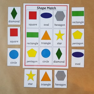 May include: A Shape Match educational activity sheet featuring a grid of nine colourful geometric shapes with labels. Surrounding the central grid are nine individual cards, each displaying a single shape and its corresponding name in black text.