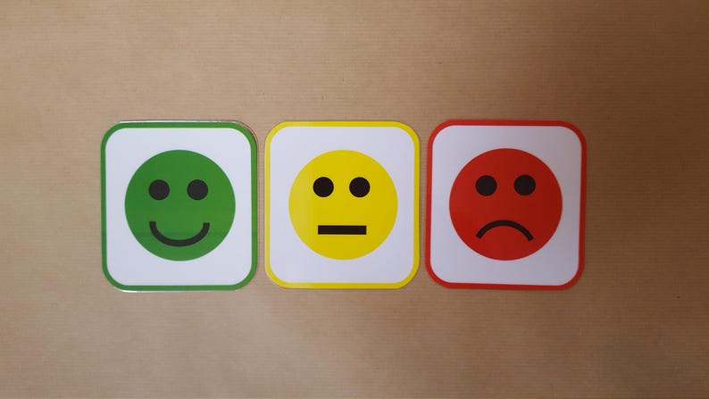 May include: Three square emoji signs with rounded corners. The first is green with a smiling face, the second is yellow with a neutral face, and the third is red with a sad face. The signs are on a light brown surface.