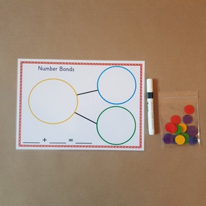 May include: A white educational number bonds worksheet with a red border, featuring three circles and the text "Number Bonds." Includes a white marker and a bag of colorful circular counters. Educational supplies.