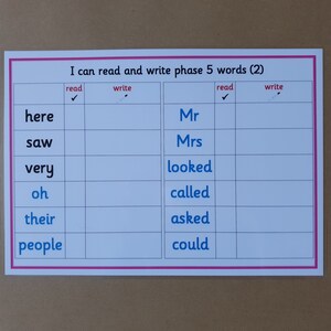 May include: A white educational chart with pink borders and the text "I can read and write phase 5 words (2)". The chart is divided into columns for reading and writing words, with words like "here", "saw", and "Mr" listed.