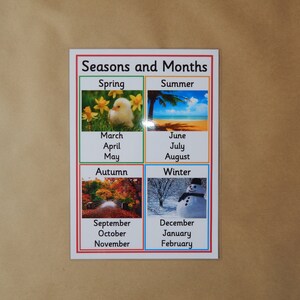Pu&ograve; includere: Un colorato poster educativo intitolato "Stagioni e Mesi". Il poster presenta quattro sezioni con immagini che rappresentano primavera, estate, autunno e inverno. Ogni sezione include i mesi associati alla stagione. Il poster &egrave; su uno sfondo marrone chiaro.