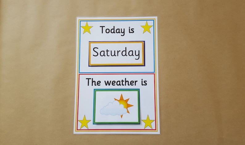 May include: A colorful educational poster with the text "Today is Saturday" and "The weather is" with a sun and cloud graphic. The poster has a white background with colorful borders and star accents.