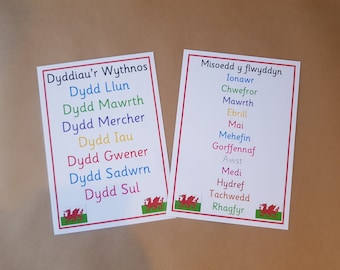 Welsh Days of the Week, Months of the Year, Display posters, EYFS, KS1, pre school, teaching resource, learning resource, educational