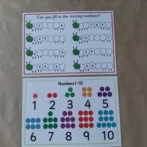 May include: Two educational cards for children. The top card features green caterpillars with missing numbers, and the text "Can you fill in the missing numbers?" The bottom card displays numbers 1-10 with corresponding dots.