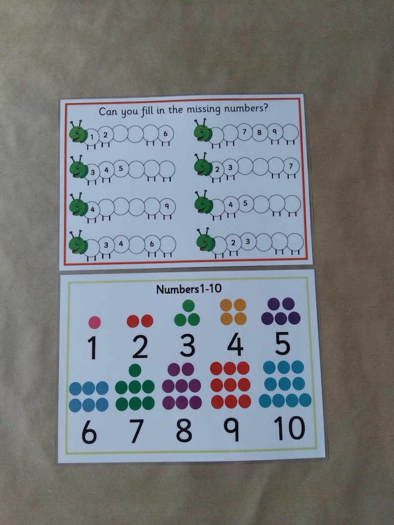 May include: Two educational cards for children. The top card features green caterpillars with missing numbers, and the text "Can you fill in the missing numbers?" The bottom card displays numbers 1-10 with corresponding dots.