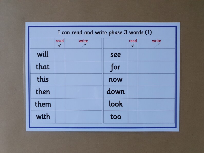 May include: A white and blue educational chart with the text "I can read and write phase 3 words (1)". The chart lists words like "will", "that", "see", and "for", with read and write check boxes.