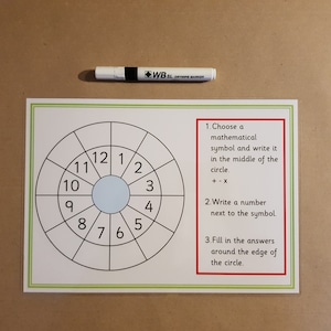 May include: A white dry-wipe marker lies above a white card with a green border. The card displays a circular maths diagram with numbers 1-12 and instructions. Text on the card reads: "Choose a mathematical symbol..."