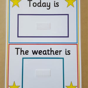 May include: A white educational weather chart with the text "Today is" and "The weather is". The chart has a blue, red, and yellow border with yellow star accents. Includes two rectangular areas with hook and loop fasteners.