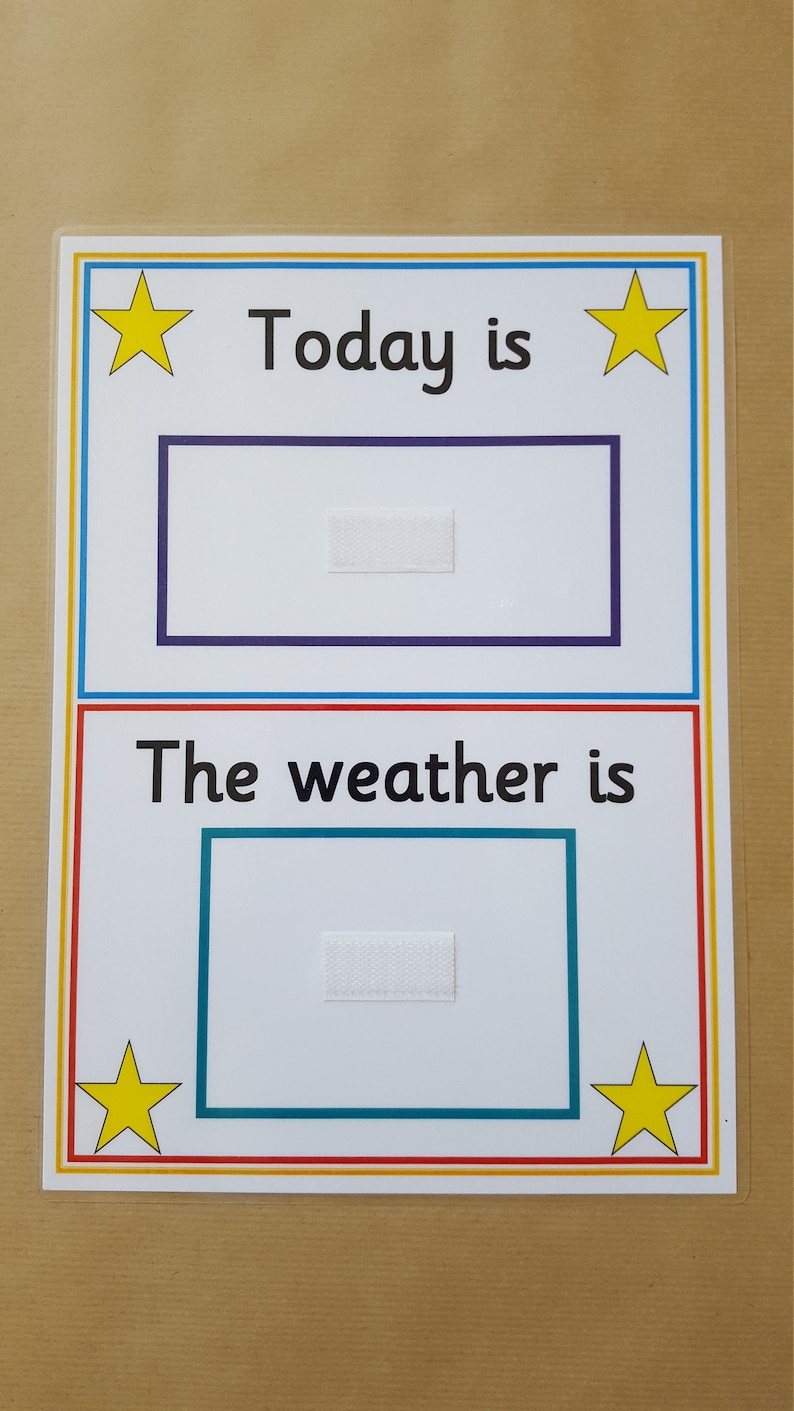 May include: A white educational weather chart with the text "Today is" and "The weather is". The chart has a blue, red, and yellow border with yellow star accents. Includes two rectangular areas with hook and loop fasteners.
