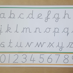 May include: A white educational chart with a green and orange border. The chart displays lowercase cursive letters a-z and numbers 0-9, all in dotted lines for tracing. The background is a light brown color.
