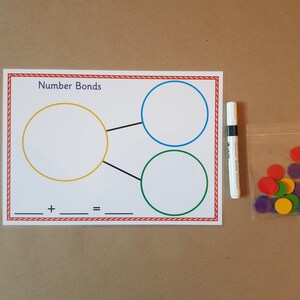 May include: Educational math game with a white background. The game includes a card with the words "Number Bonds" and circles in yellow, blue, and green. A white marker and a bag of colorful counters are also included.