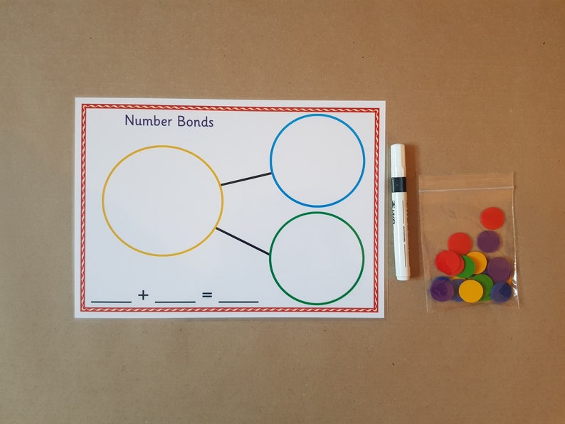 May include: Educational math game with a white background. The game includes a card with the words "Number Bonds" and circles in yellow, blue, and green. A white marker and a bag of colorful counters are also included.