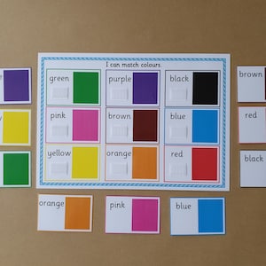 May include: A colour matching game with the text "I can match colours." The game features cards with colour names and matching colour blocks in purple, yellow, green, pink, brown, black, blue, orange, and red.
