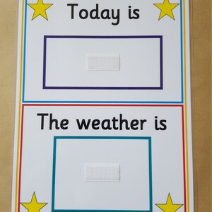 May include: A white educational chart with the phrases "Today is" and "The weather is" in black text. Each phrase has a rectangular space for attaching weather or daily activity symbols. Yellow stars and colored borders frame the text.
