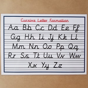 May include: A white rectangular chart with the title "Cursive Letter Formation" in red text. The chart displays the alphabet in cursive, from Aa to Zz, written in black ink on lined paper.