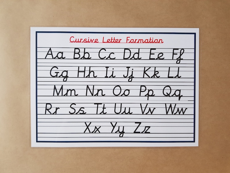 May include: A white rectangular chart with the title "Cursive Letter Formation" in red text. The chart displays the alphabet in cursive, from Aa to Zz, written in black ink on lined paper.