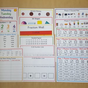 May include: A collection of educational flashcards for early learning, including numbers, days of the week, phonics, and common exception words. Features a fraction wall, 3D shapes, and a hundred square for children.