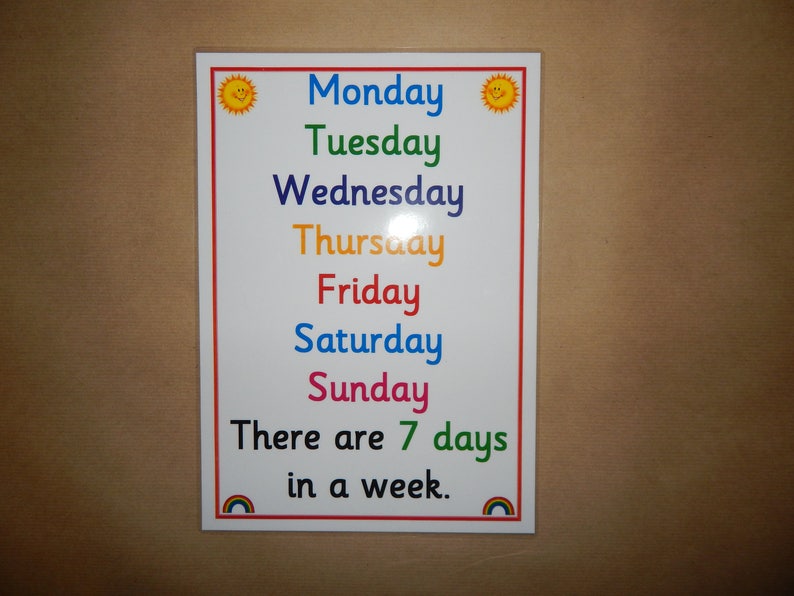 May include: A white rectangular sign with a red border displays the days of the week in colorful text: Monday, Tuesday, Wednesday, Thursday, Friday, Saturday, and Sunday. The text "There are 7 days in a week" is also included. Sun and rainbow graphics are at the top and bottom.